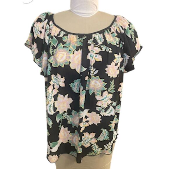Philosophy Women’s Flutter Sleeve Black Floral Print Top Sz. XL Lightweight - Picture 1 of 11